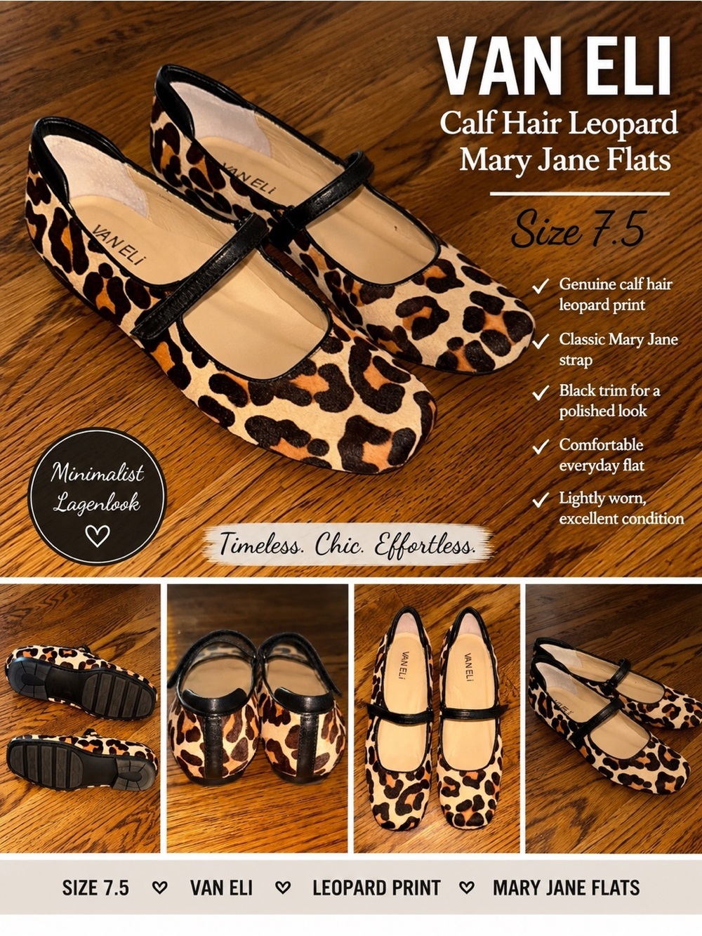 Van Eli Calf Hair Leopard Mary Jane Flats with Black Trim Minimalist Lagenlook